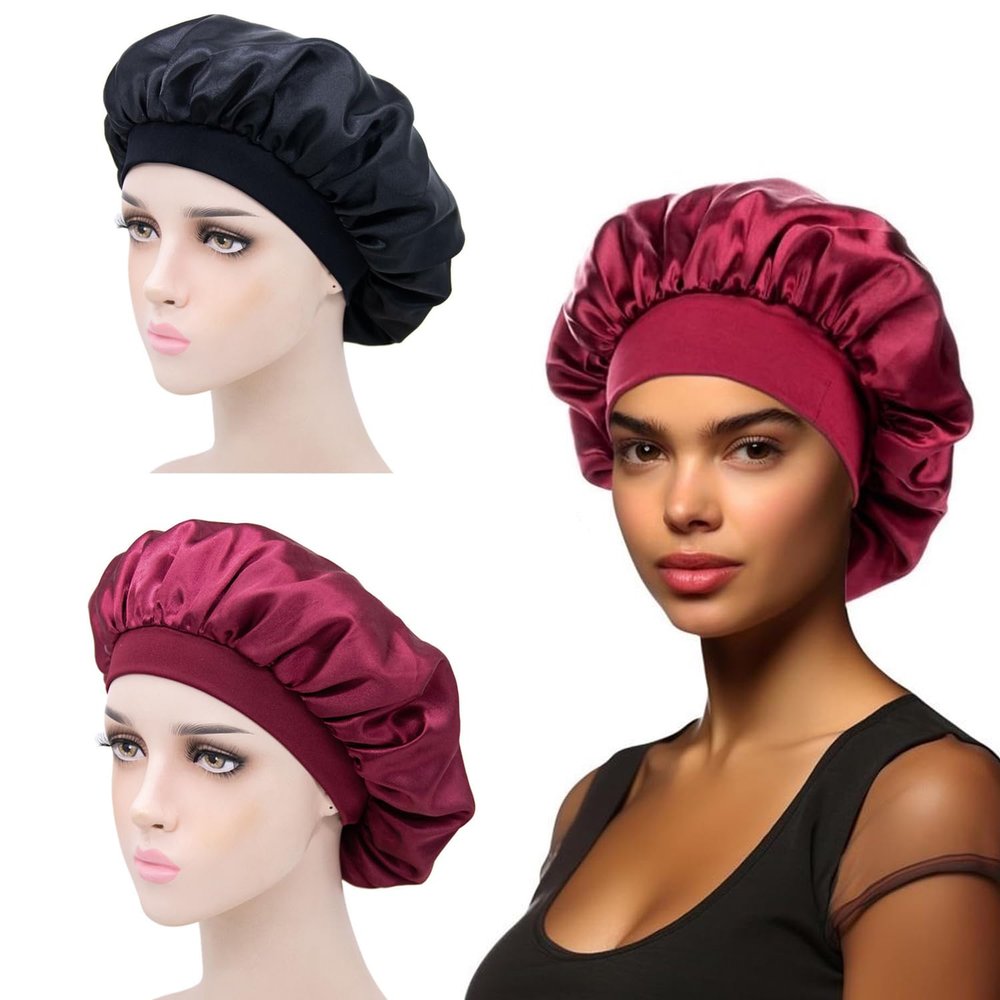 iLamvie 2-Pack Satin Bonnets for Sleeping, Black and Red