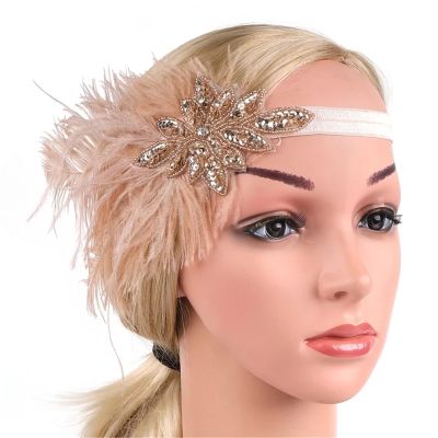 XIUsheUA Black Rhinestone, Pearl and Sequin Headband with Feather, 1920s Vintage Gatsby Party Headpiece (Color 4)