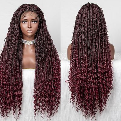 Fengqingyunyan0304 Lace Front Wig, Avant-Garde Chic Braided Women's Headpiece, Human Hair, Wine Red