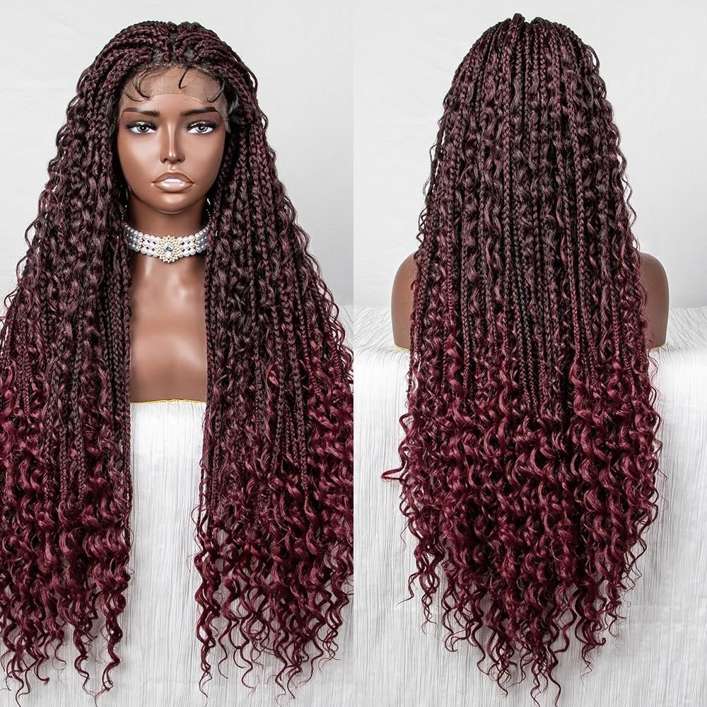 Fengqingyunyan0304 Lace Front Wig, Avant-Garde Chic Braided Women's Headpiece, Human Hair, Wine Red