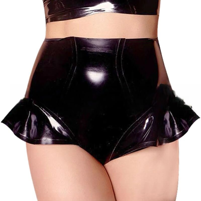 TUNAYI High-Waist Black Latex Boyshorts with Frills, Transparent Blue, Men's M
