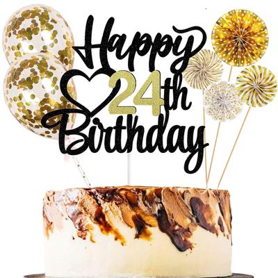 Happy 24th Birthday Cake Topper, Black and Gold