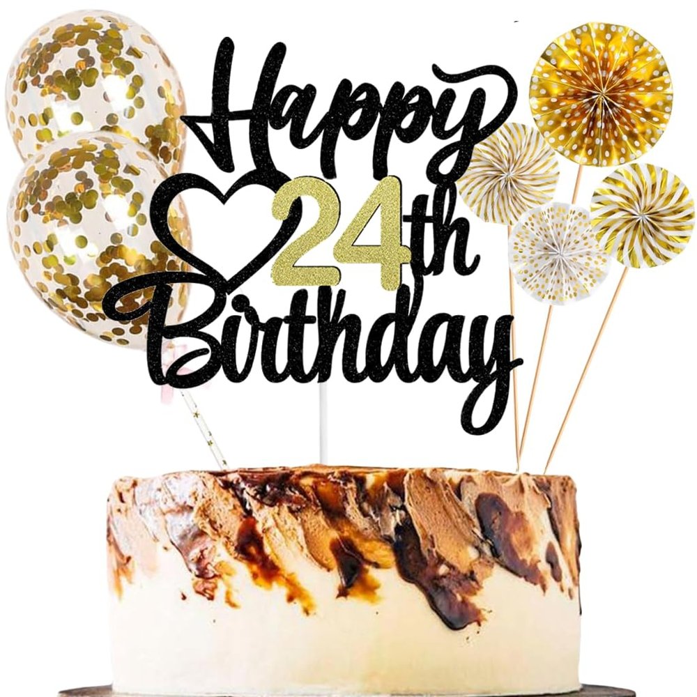 Happy 24th Birthday Cake Topper, Black and Gold