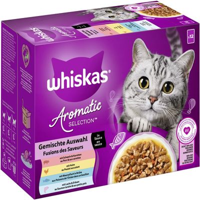 WHISKAS AROMATIC SELECTION Multipack Wet Cat Food 1+ Mixed Variety in Sauce, 12 x 85 g