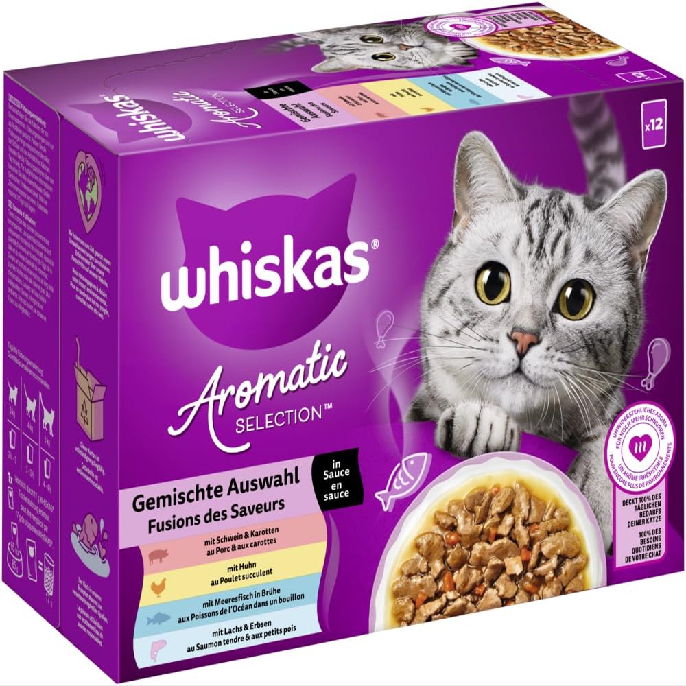 WHISKAS AROMATIC SELECTION Multipack Wet Cat Food 1+ Mixed Variety in Sauce, 12 x 85 g