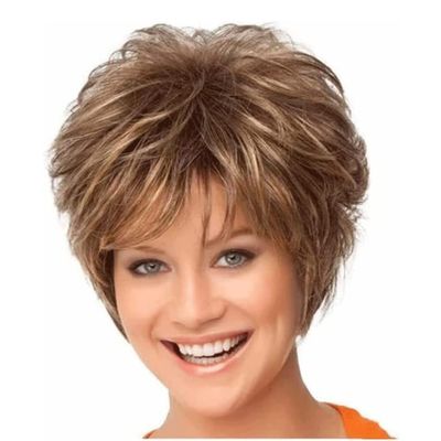 ASHSDI Short Dark Brown Pixie Wig with Mixed Blonde Highlights and Bangs