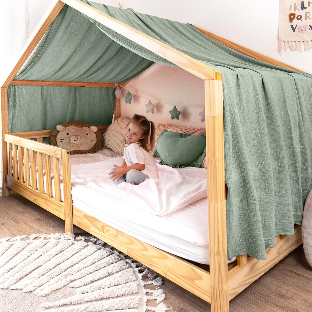 lilimaus House Bed Canopy with Gold Appliqué, 100% Cotton Muslin