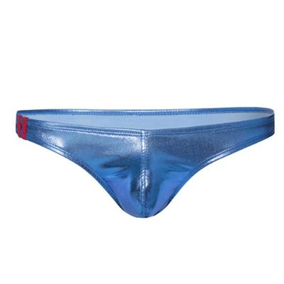 JPXJGT Men's Patent Leather Low-Waist G-String Thong with Bulge Pouch, Size XL, Blue