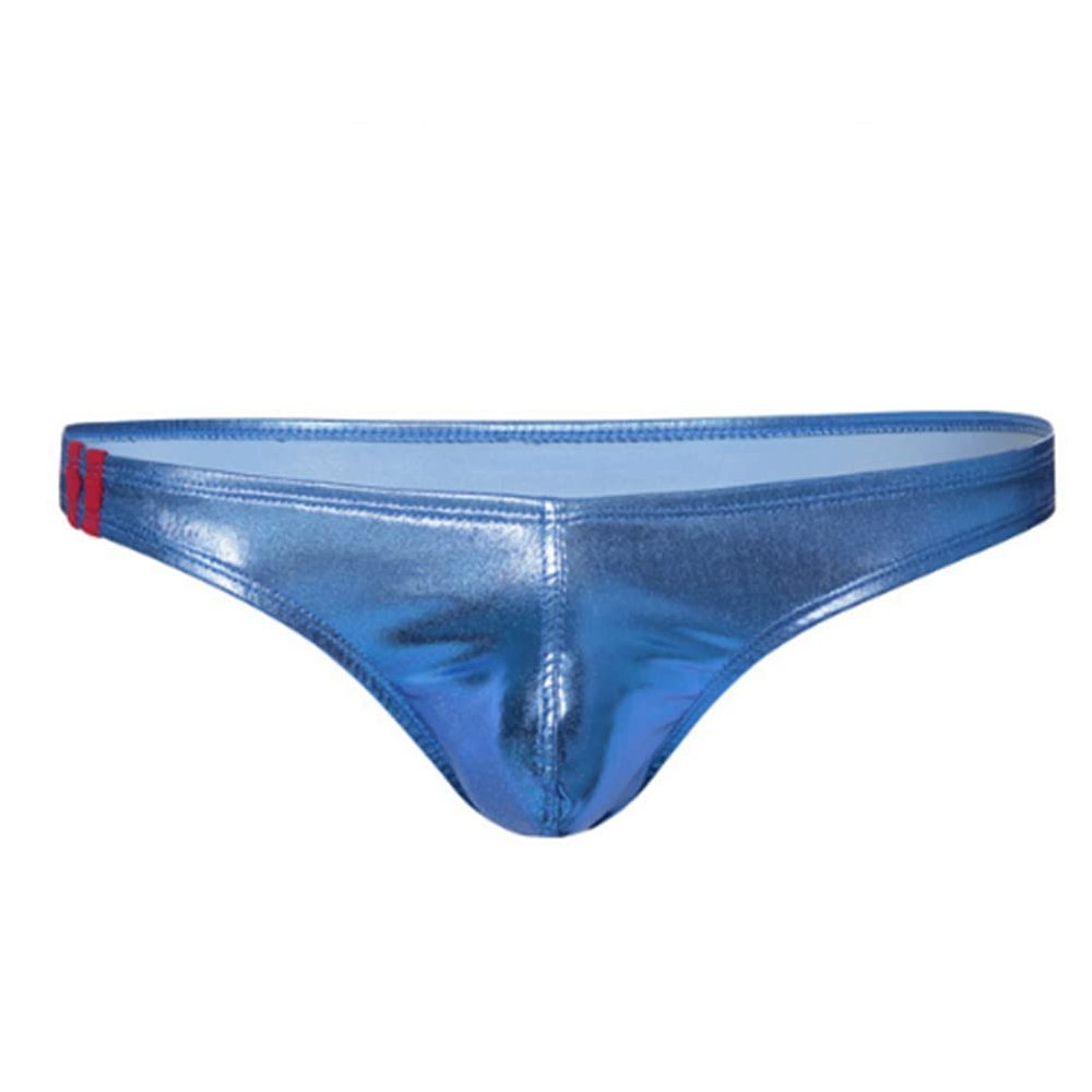 JPXJGT Men's Patent Leather Low-Waist G-String Thong with Bulge Pouch, Size XL, Blue