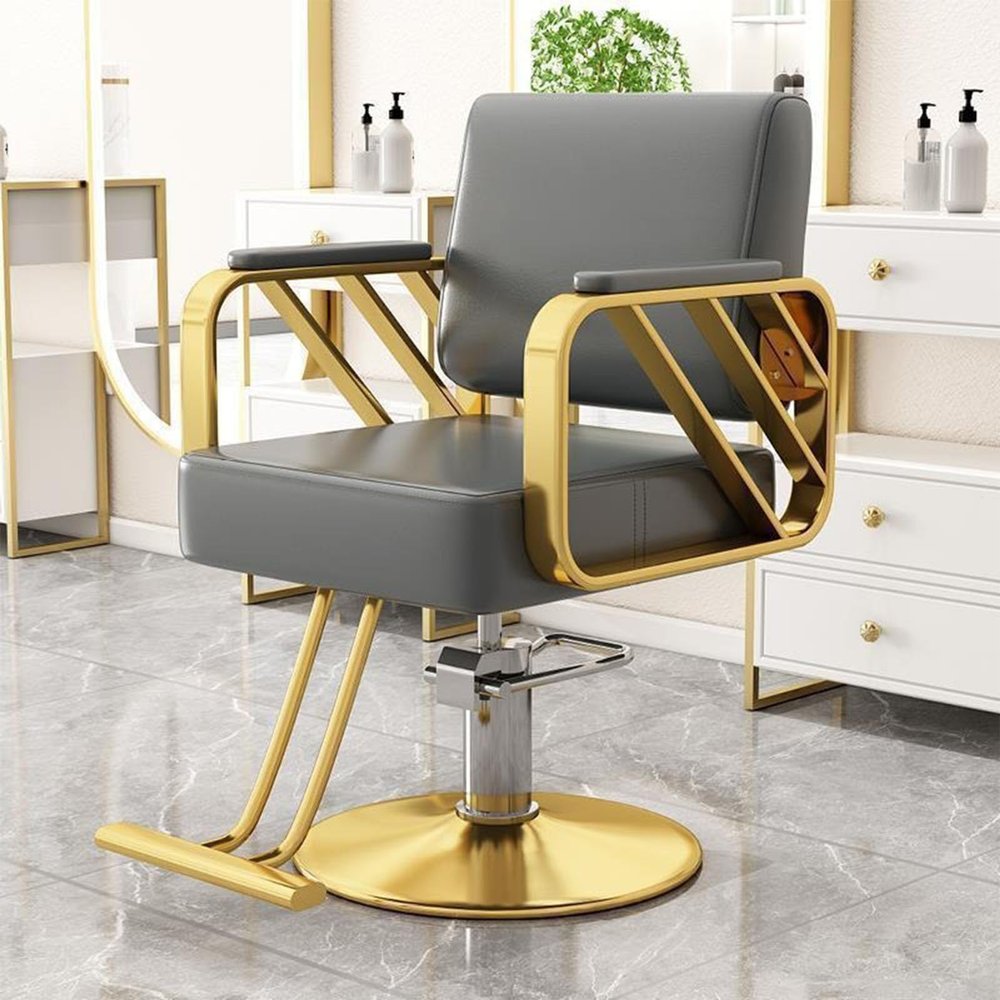 Professional Salon Chair Hydraulic Pump with 360-Degree Rotation, Gray-Gold Base, Ideal for Hairdressers and Hair Salons