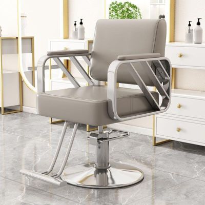 Professional Barber Chair, Hydraulic Pump, 360° Swivel, Height-Adjustable, Gray/Silver