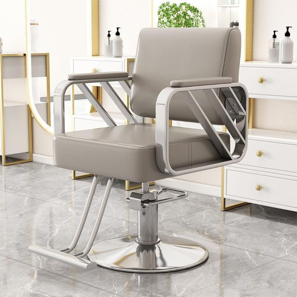 Professional Barber Chair, Hydraulic Pump, 360° Swivel, Height-Adjustable, Gray/Silver