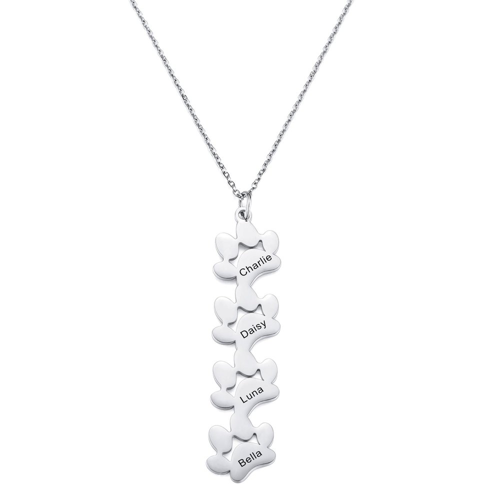 MeMeDIY Personalized Paw Necklace with Engraved Name, Stainless Steel/925 Sterling Silver, 1–4 Cat Paws, Pet Memorial Jewelry (Silver, 4)