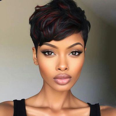 Natural Brown Short Wavy Pixie-Cut Human Hair Wigs for Women, Brazilian Hair, Dyed, Side Part, Bob Wig, 15 cm, Red Highlights