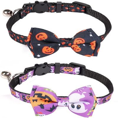 2-Pack Halloween Breakaway Cat Collars with Removable Bow and Bell (Black, Purple)