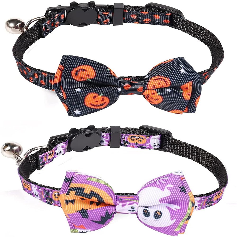 2-Pack Halloween Breakaway Cat Collars with Removable Bow and Bell (Black, Purple)