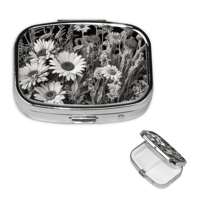 Black and White Floral Pill Box, Square, 2 Compartments, Portable Travel Medication Organizer