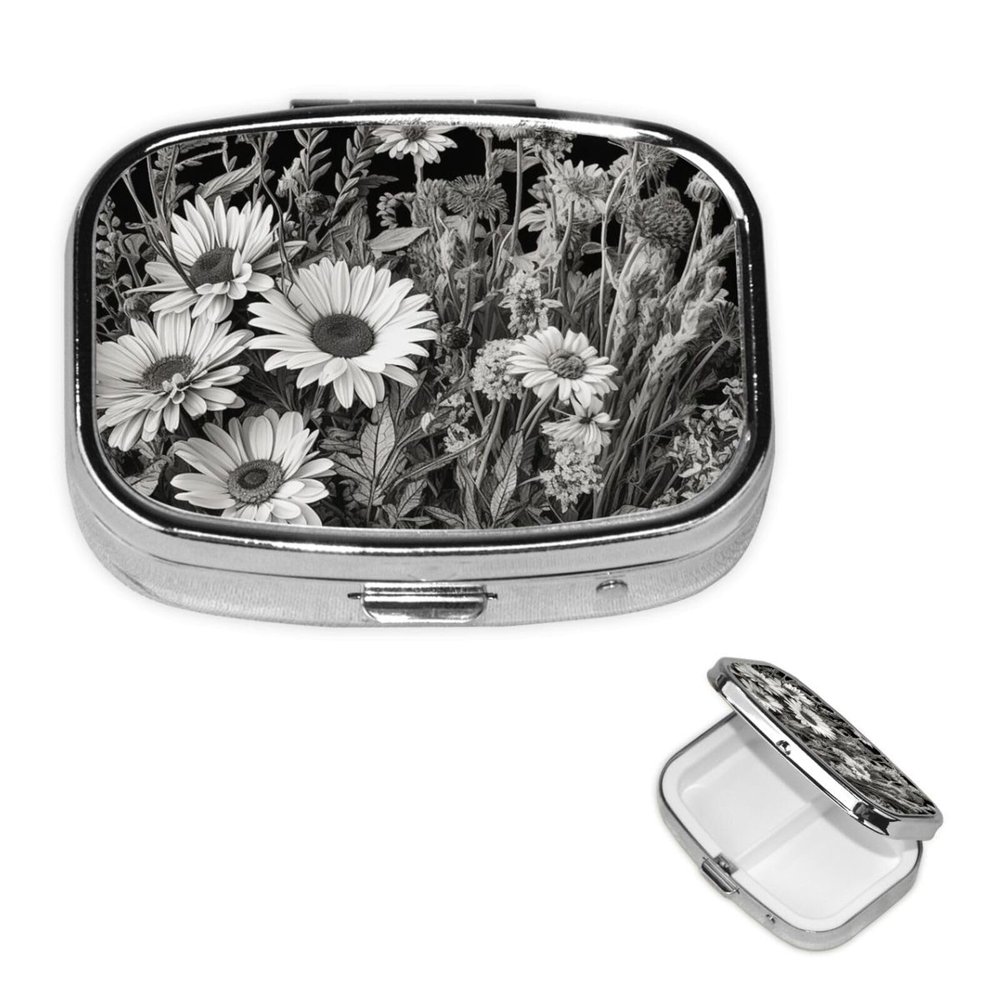 Black and White Floral Pill Box, Square, 2 Compartments, Portable Travel Medication Organizer