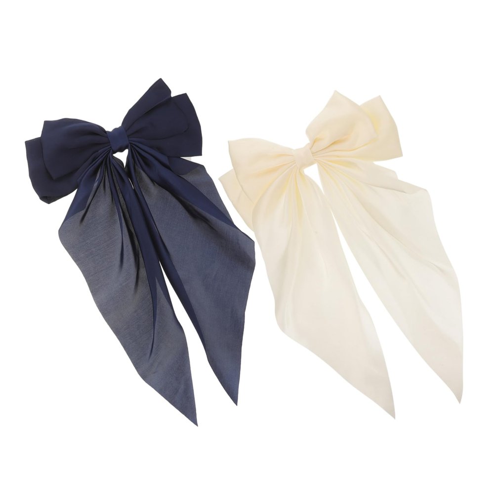 FRCOLOR Large Bow Hair Clips with Silk Ribbon for Women and Girls, 2-Piece Set, Navy Blue and Beige