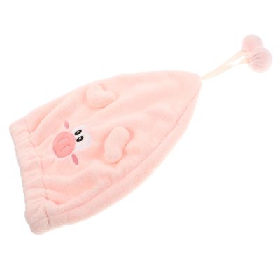 Pink Coral Fleece Hair-Drying Cap with Cartoon Design