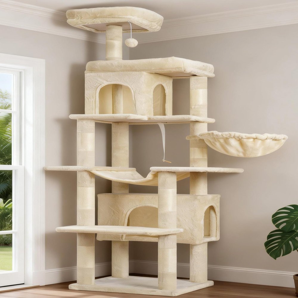 Heybly Cat Tree, 178 cm Tall, Multi-Level Cat Scratching Post with 8 Scratching Posts, 2 Cubbies, 2 Platforms, Hammock, Basket and Plush Balls, Beige HCT036M