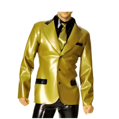 GAYLOP Men's Latex Jacket with Front Sleeves, Buttons, Pocket Flaps and Turn-Down Collar, Gold and Black, XL