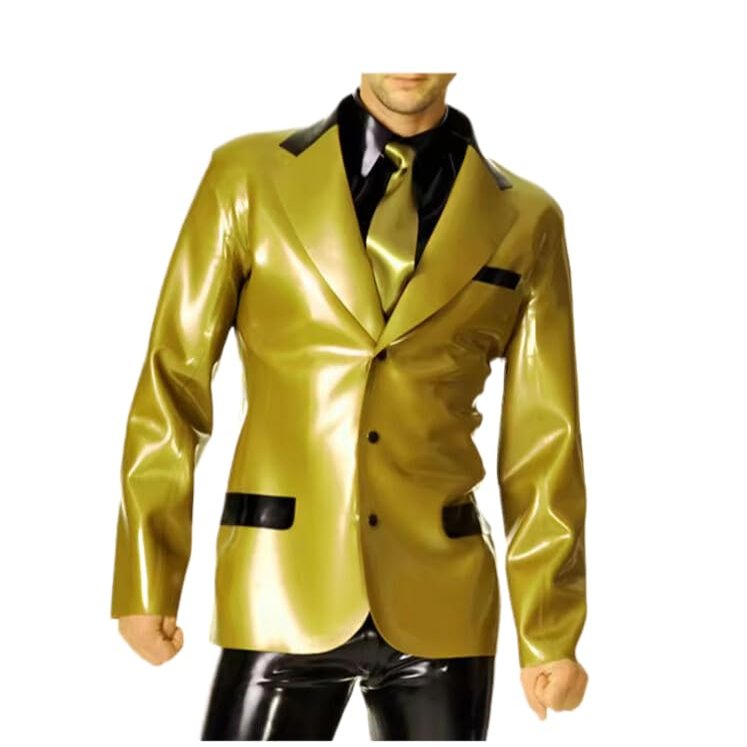 GAYLOP Men's Latex Jacket with Front Sleeves, Buttons, Pocket Flaps and Turn-Down Collar, Gold and Black, XL