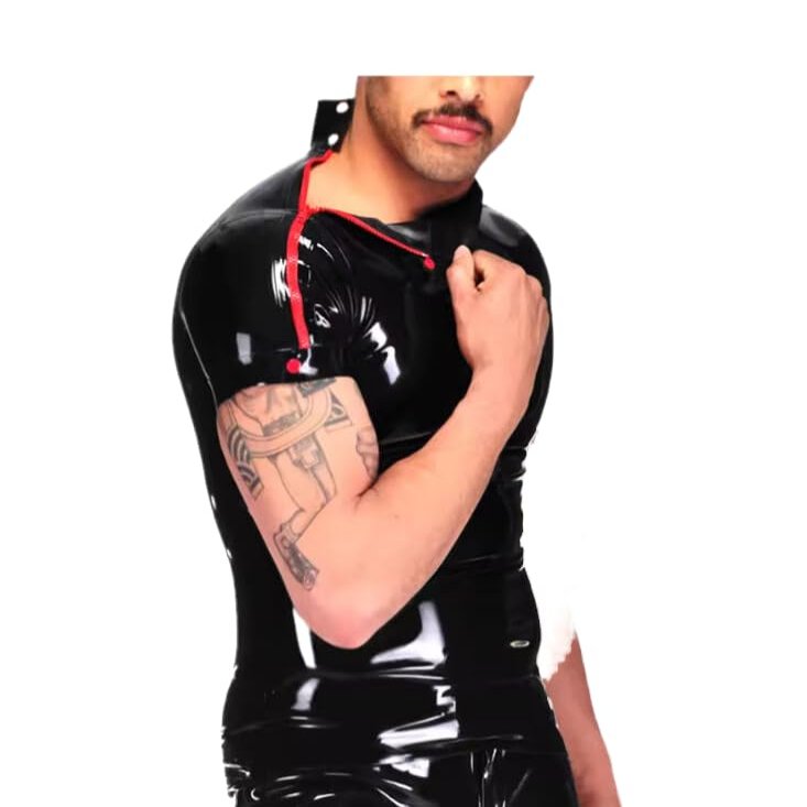 Latex T-Shirt with Shoulder Zippers and Buttons, Short Sleeves, High Collar, White, Size S
