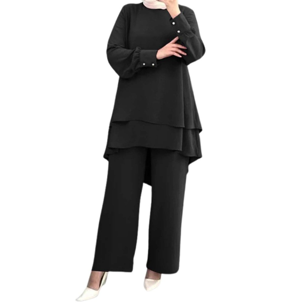 Duohropke Muslim Women's Prayer Clothing Set, Long-Sleeve Chiffon, Plus Size, Crew Neck, Double-Layer Top and Wide-Leg Pants