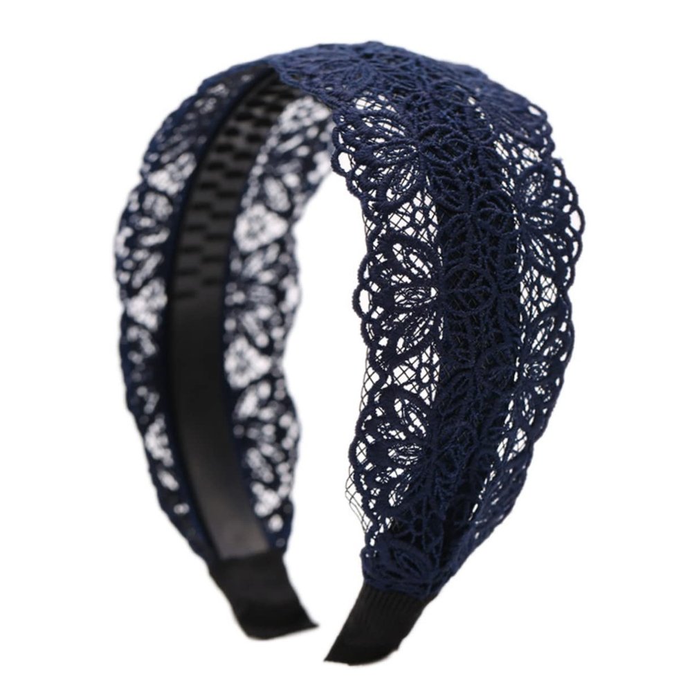 Beavorty 2-Piece Lace Headbands, Wide Non-Slip Headbands for Women and Girls, Black and Navy Blue