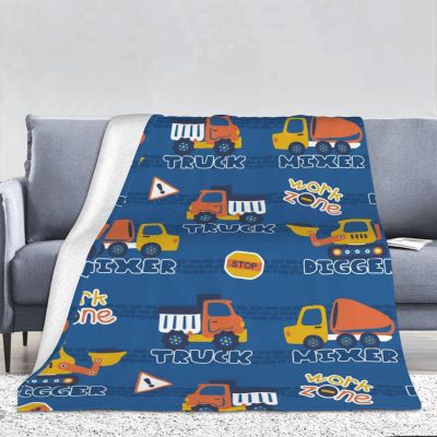 Xiso Ver Flannel Throw Blanket, Construction Vehicles, Cartoon Trucks and Excavators, 167.6 x 228.6 cm