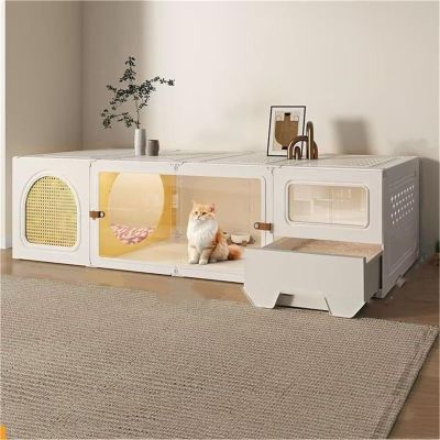 Cute Indoor Cat House with Litter Box, PE Cat Cage with Sliding Door, White