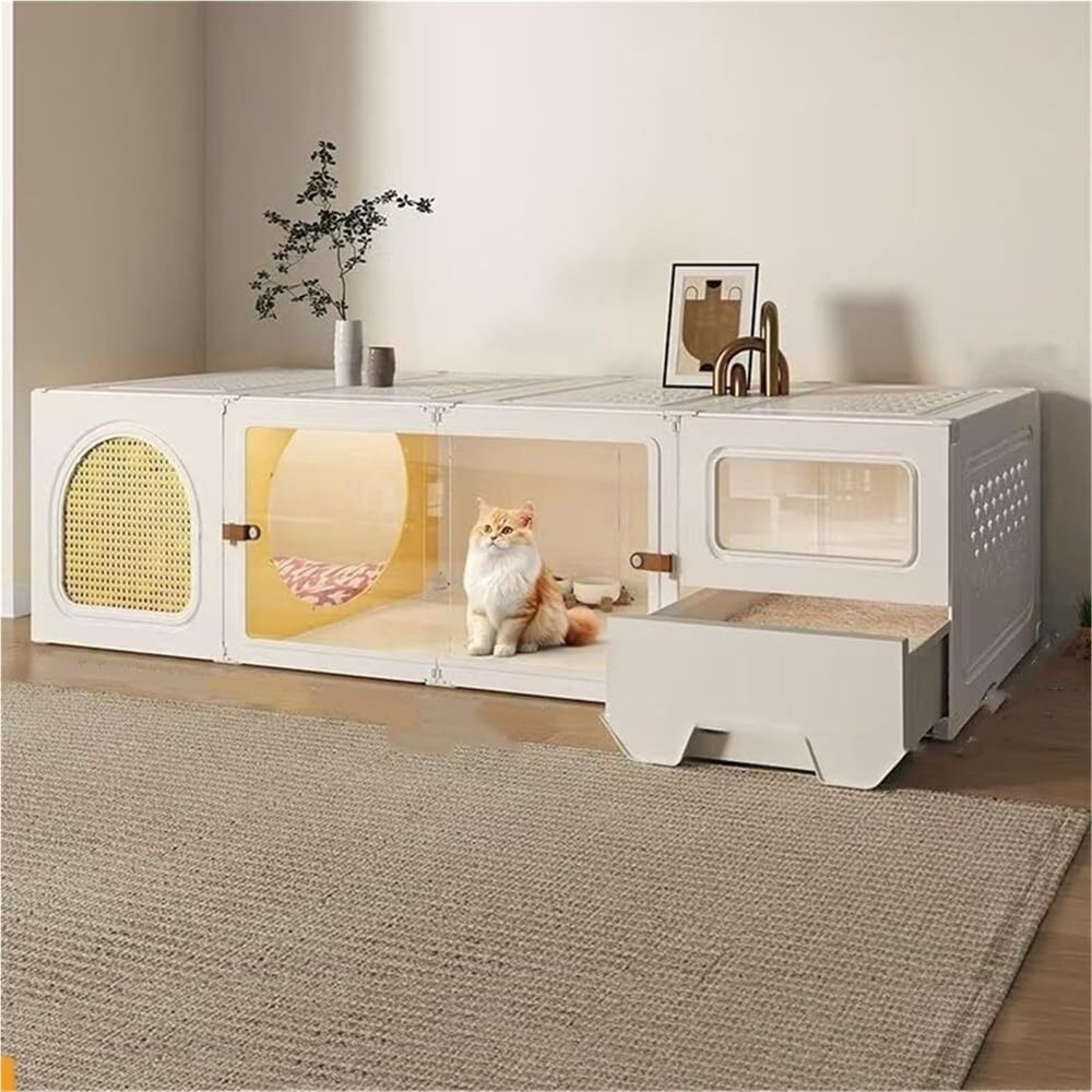 Cute Indoor Cat House with Litter Box, PE Cat Cage with Sliding Door, White