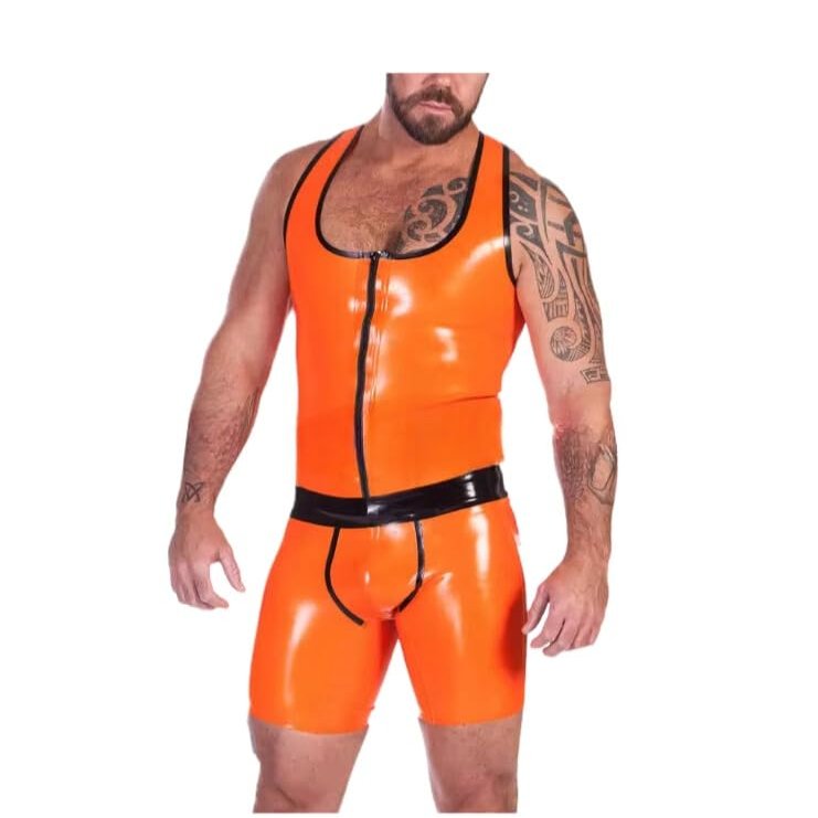 GAYLOP Latex Catsuit, Handmade 2-Piece Top and Pants, Orange/Black, Size M
