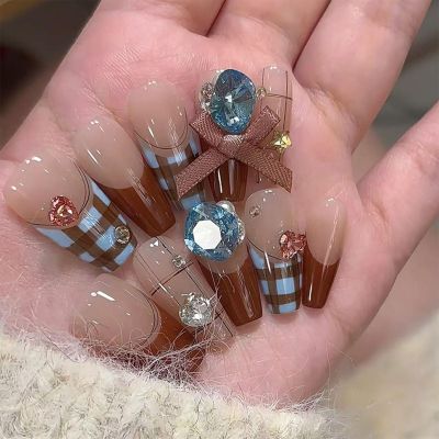 24 Elegant Plaid Press-On Nails with Delicate Bows
