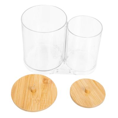 Anneome Cotton Swab Organizer with Wooden Lid, Stackable Storage Box for Cotton Pads, White, for Bathroom and Vanity