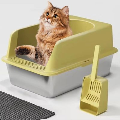 Kioxiuin Large 20-Liter Stainless Steel Cat Litter Box with Double-Layer Litter Insulation Pad, Semi-Enclosed Design, Dark Gray