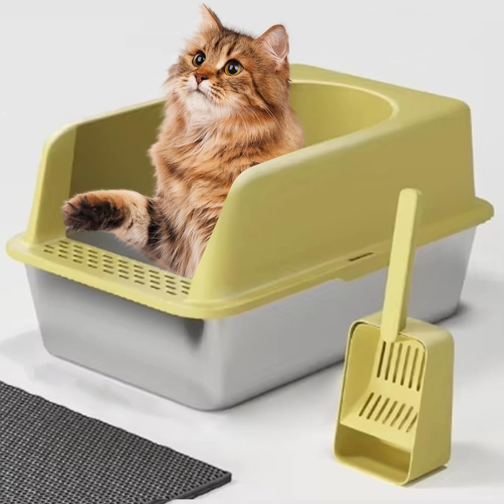 Kioxiuin Large 20-Liter Stainless Steel Cat Litter Box with Double-Layer Litter Insulation Pad, Semi-Enclosed Design, Dark Gray