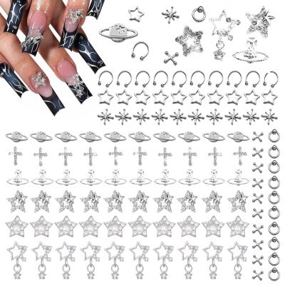 110-Piece 3D Silver Nail Charms with Tweezers, 11 Styles