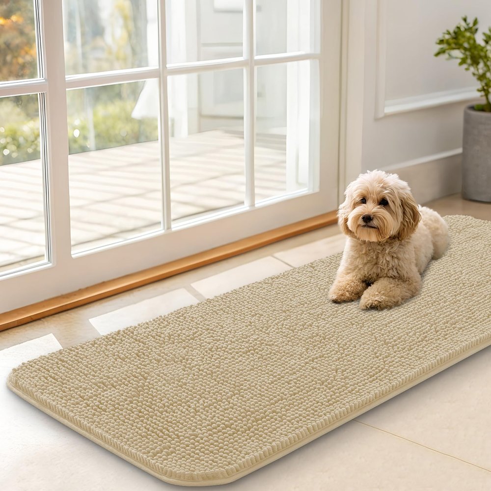 OLANLY Dog Paw Mat for Muddy Paws, 119 x 43 cm, Absorbent, Non-Slip, Washable Chenille Mud Mat