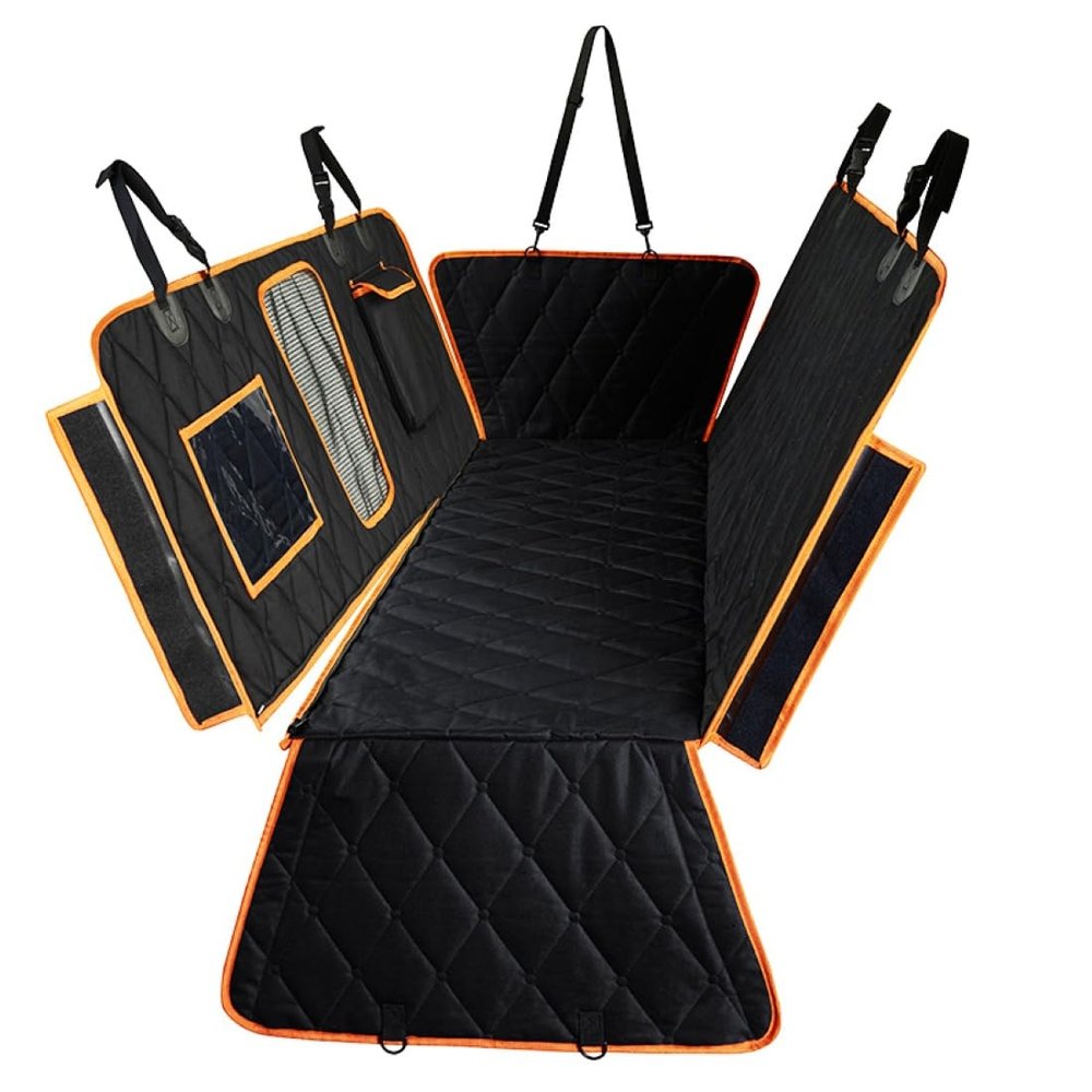 QSJKLC Dog Car Seat Cover for VW Gran Lavida III 2018–2019, Water-Resistant with Side Protection and Viewing Window, Black/Orange