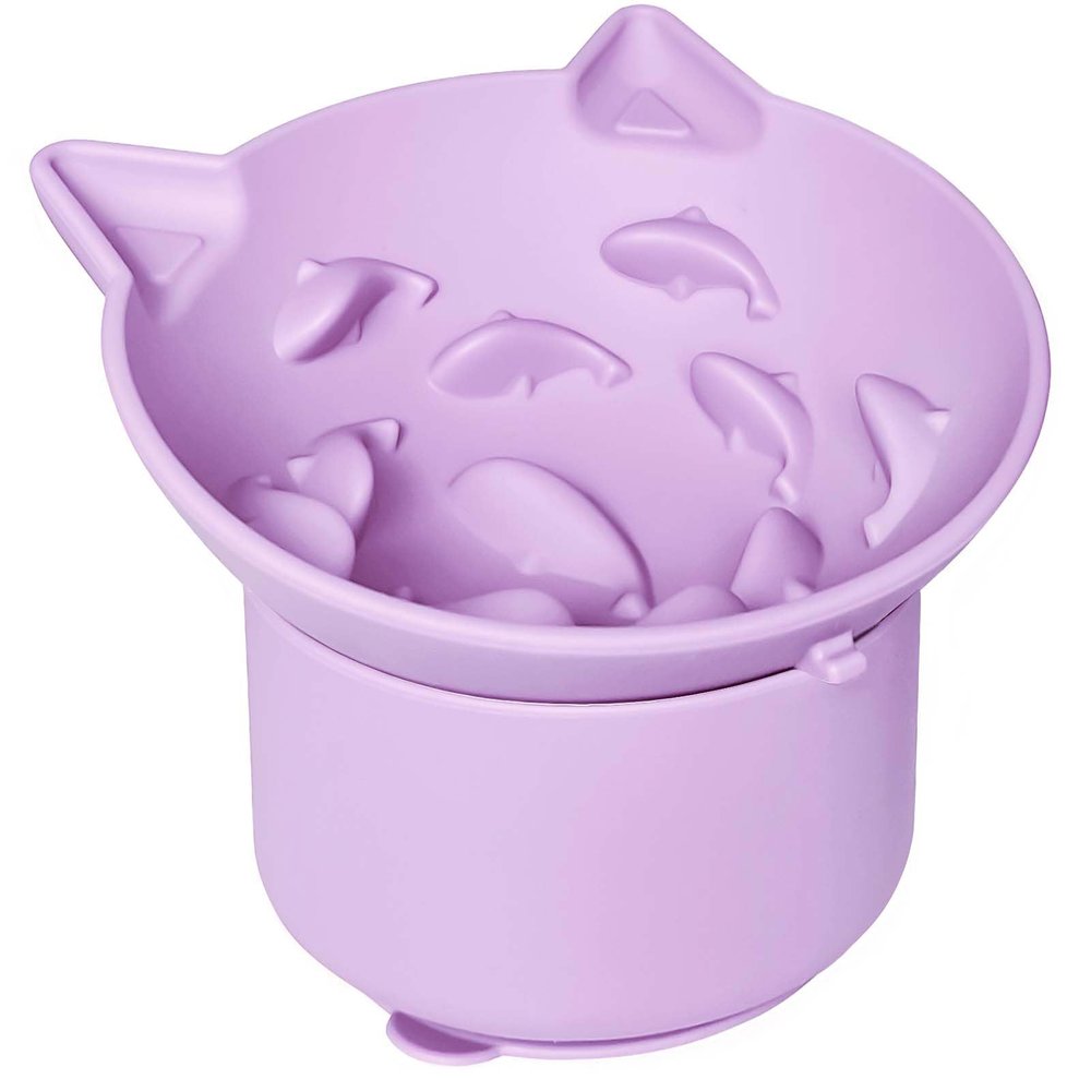 ZOURYNUA Silicone Slow Feeder Cat Bowl, Elevated, Adjustable Angle, Suction Cups, Purple