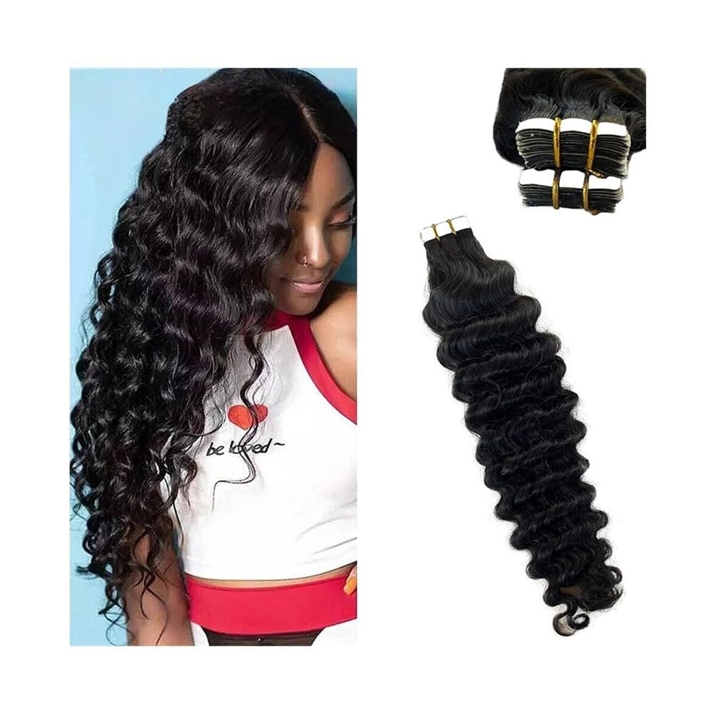 Deep Wave Remy Human Hair Tape-In Extensions, 20 Pieces, 50 g, Natural Black