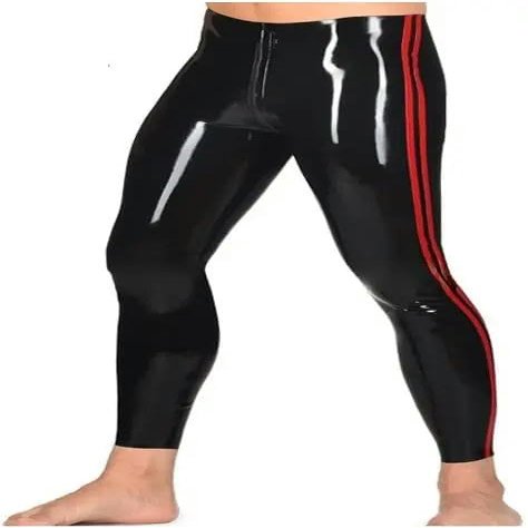 GAYLOP Black and Red Latex Leggings with Two Side Stripes and Front-to-Back Zippers, XS