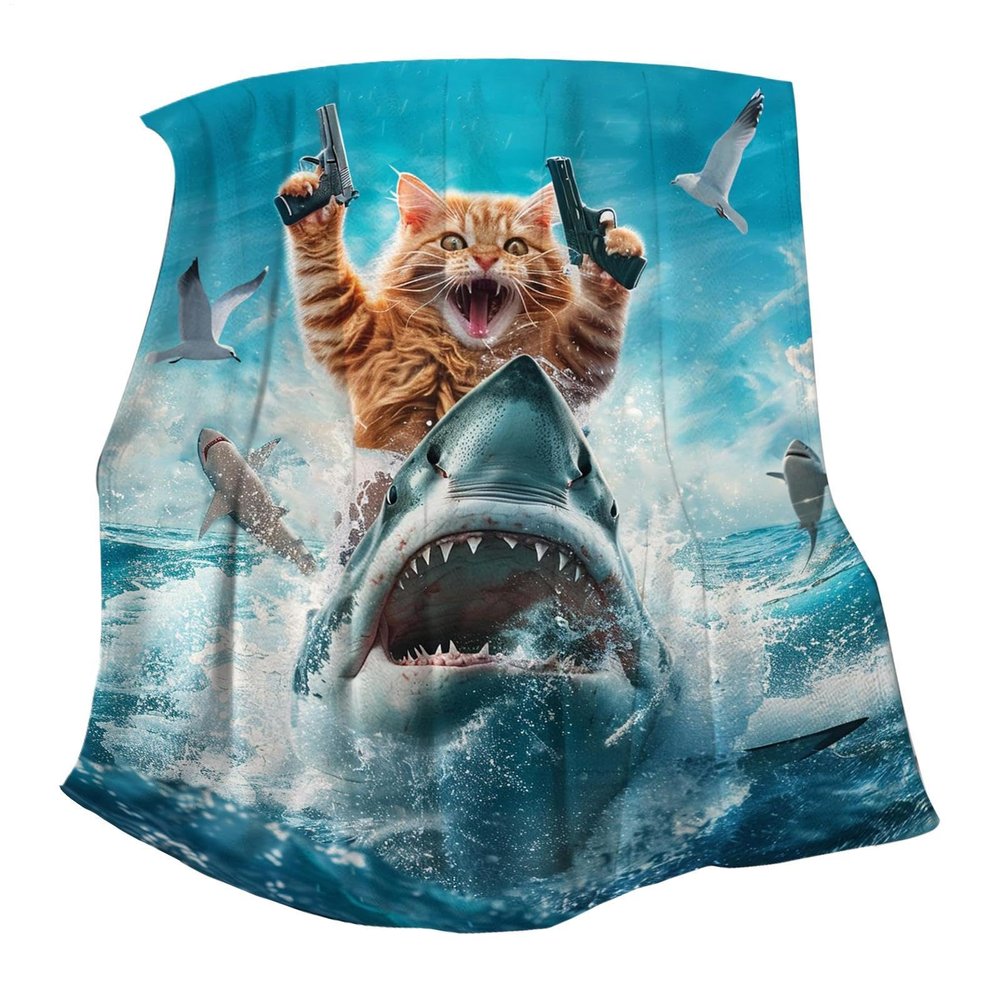 Cat Riding Shark Blanket – Soft Flannel Blanket