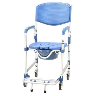LQDSADRT Mobile Folding Aluminum Commode Chair with Wheels, Armrests and Backrest, Non-Slip, Freestanding, Blue