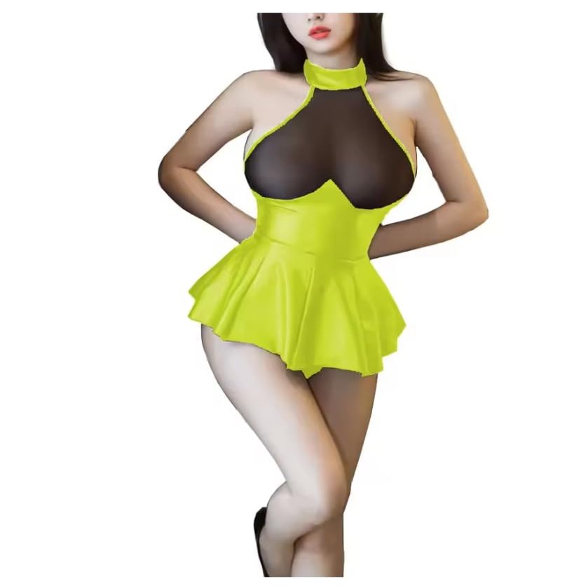 YGZHANYUANOKU PVC Leather Slim Backless Sheer High-Waisted A-Line Pleated Mini Dress, Light Yellow, M