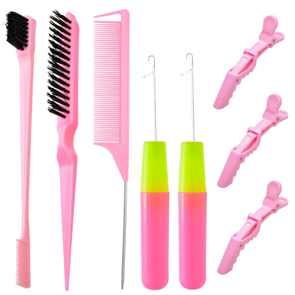 Hair Crochet Hooks Set with 2 Crochet Hooks, Edge Brush, Bristle Brush, Rat-Tail Comb and 3 Gator Clips