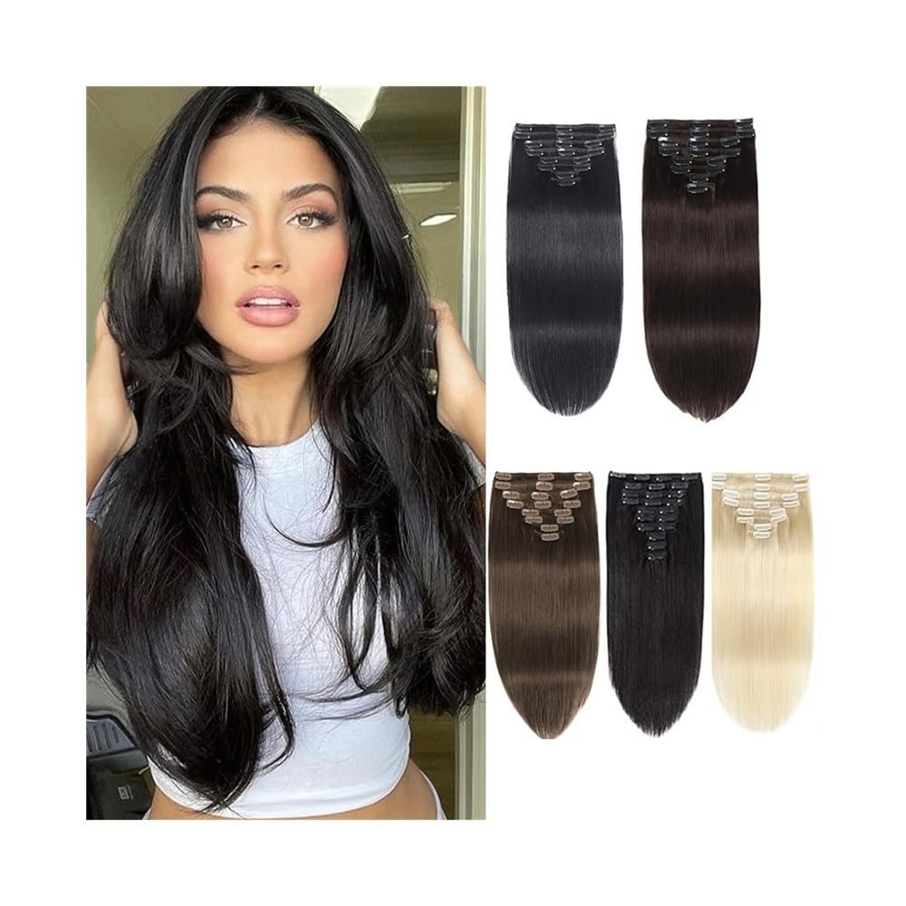Clip-In Human Hair Extensions, 25.466 cm, 120 g, 8 Pieces, Brazilian Remy Hair, Straight, Double-Drawn, 18 Clips