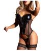 WILLBEST Women's Sexy Lingerie Set with Eye Mask, Lace Top, Leather Bra, and Black Bodysuit view 1